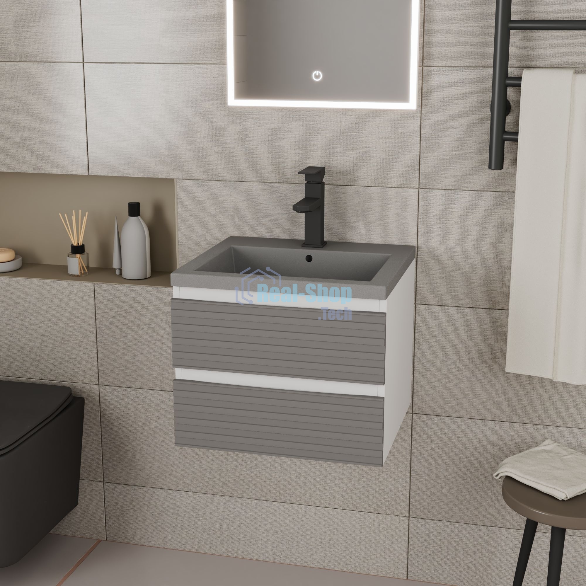 Тумба под раковину Bau Stil Loft grey brushed, раковина кварцевая BAU Stil 50, серый металлик