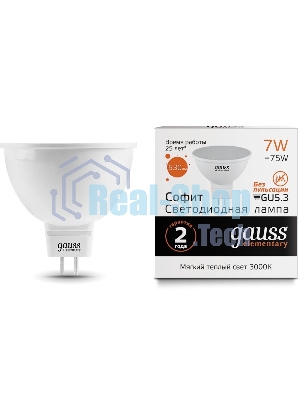 Лампа светодиодная Gauss Elementary MR16 7Вт цок.: GU5.3 спот 220B 3000K св. свеч. бел. теп. MR16 (упак.: 10 шт) (13517)