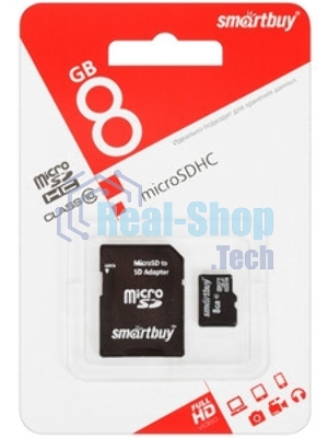 Флеш карта microSD 8Gb, Smartbuy microSDHC Class 10 (SD адаптер)