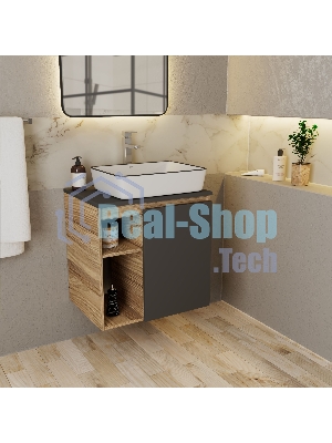 Тумба Bau Dream Blackwood 60 правая, графит, раковина BAU Hotel Black Rand 48х37, смеситель для раковины высокий Hotel Still, нержавеющая сталь