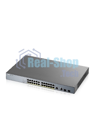 Коммутатор Zyxel GS1350-26HP, 24xGE PoE+, 2xCombo (SFP/RJ-45), бюджет PoE 375 Вт, дальность передачи питания до 250 м, автоперезагрузка PoE-портов, повышенная защита от перенапряжений и электростатических разряд