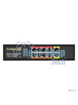 Коммутатор неуправляемый ExeGate EDES-1010D.8PoE-96W (10-портовый UTP 10/100 Base-Tx: 8 портов IEEE 802.3af (PoE), мощность PoE: 25W, суммарно 96W, 2 порта RJ45 uplink, настенный/настольный, металлический корпус)