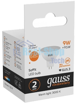 Лампа светодиодная Gauss Elementary MR16 9Вт цок.: GU5.3 спот 220B 2700K св. свеч. бел. теп. MR16 (упак.: 10 шт)