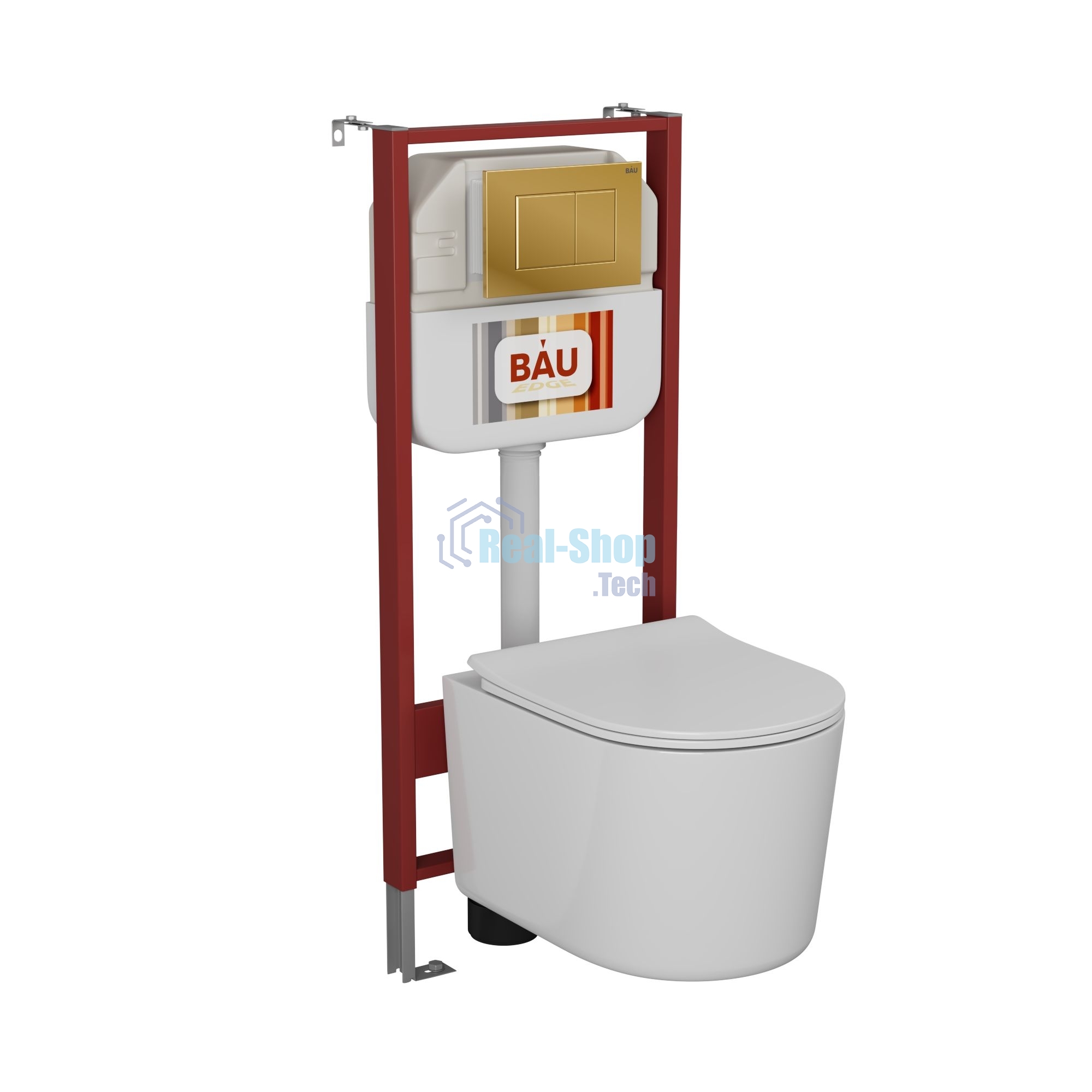 Комплект BAU 6 в 1: рамная инсталляция BAU NEO 45, унитаз подвесной безободковый Bau Hotel PRO, быстросъемное сиденье микролифт, кнопка смыва BAU Stil, золото