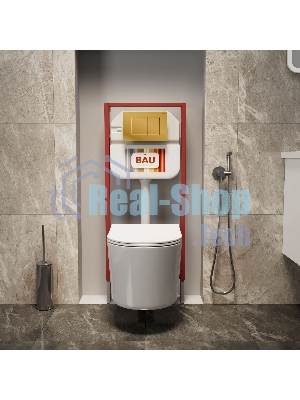 Комплект BAU 6 в 1: рамная инсталляция BAU NEO 45, унитаз подвесной безободковый Bau Hotel PRO, быстросъемное сиденье микролифт, кнопка смыва BAU Stil, золото