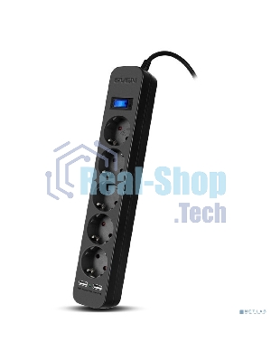 Фильтр SVEN SF-05LU 1,8 м (5 евро розеток,2хUSB(2,4А)) черный, цветная коробка Surge protector SVEN SF-05LU 1,8 м (5 евро розеток,2хUSB(2,4А)) черный, цветная коробка