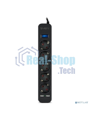 Фильтр SVEN SF-05LU 1,8 м (5 евро розеток,2хUSB(2,4А)) черный, цветная коробка Surge protector SVEN SF-05LU 1,8 м (5 евро розеток,2хUSB(2,4А)) черный, цветная коробка