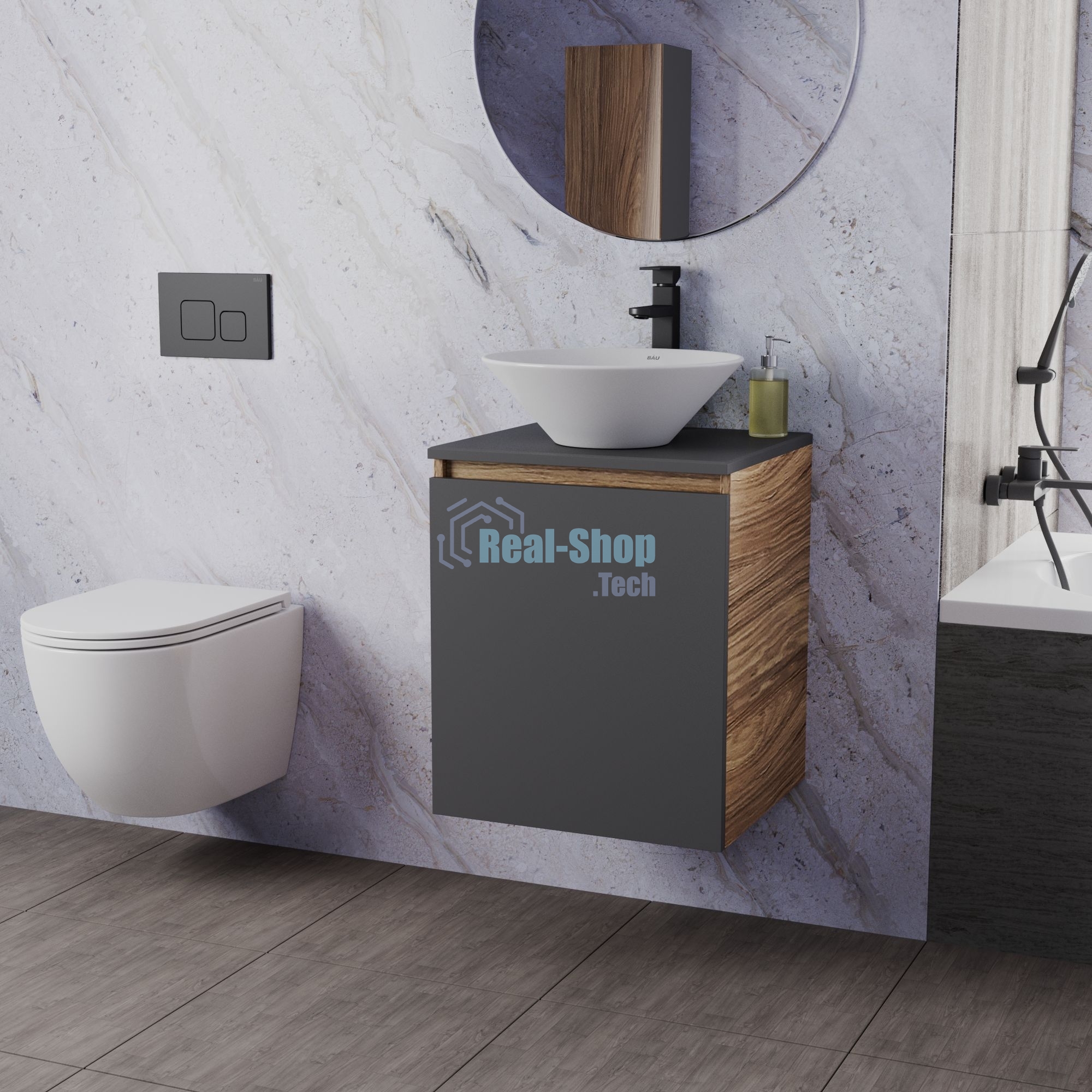 Тумба Bau Dream Blackwood 50 графит, раковина BAU Dream D43, смеситель для раковины высокий Hotel Black, черный