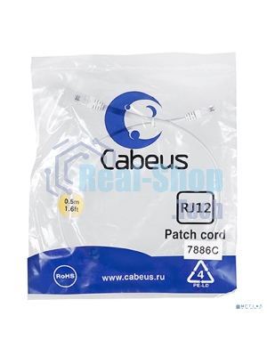Шнур комм. Cabeus, кат. , неэкр., U/UTP, RJ12(6p4C), PVC, AWG28, 0.5м, белый