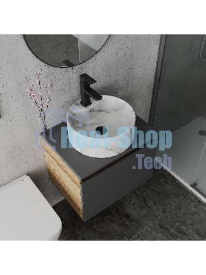 Комплект: тумба Bau Dream Blackwood графит 60, 1 ящик, раковина круглая накладная BAU Element D41, мрамор, смеситель Hotel Black, черный матовый, выпуск клик клак черный