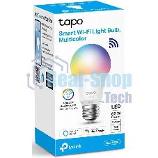 Умная многоцветная Wi‑Fi лампа Tapo Smart WiFi Bulb, A60 size，E27 base, 9.5W, 16 million colors, 2000k-6500k tunable white, 800 lumens brightness and diммable, 802.11b/g/n 2.4G WiFi connection, work with 200-240 V, 50/60 Hz power voltage and frequency, work with Yandex Alice/Goo