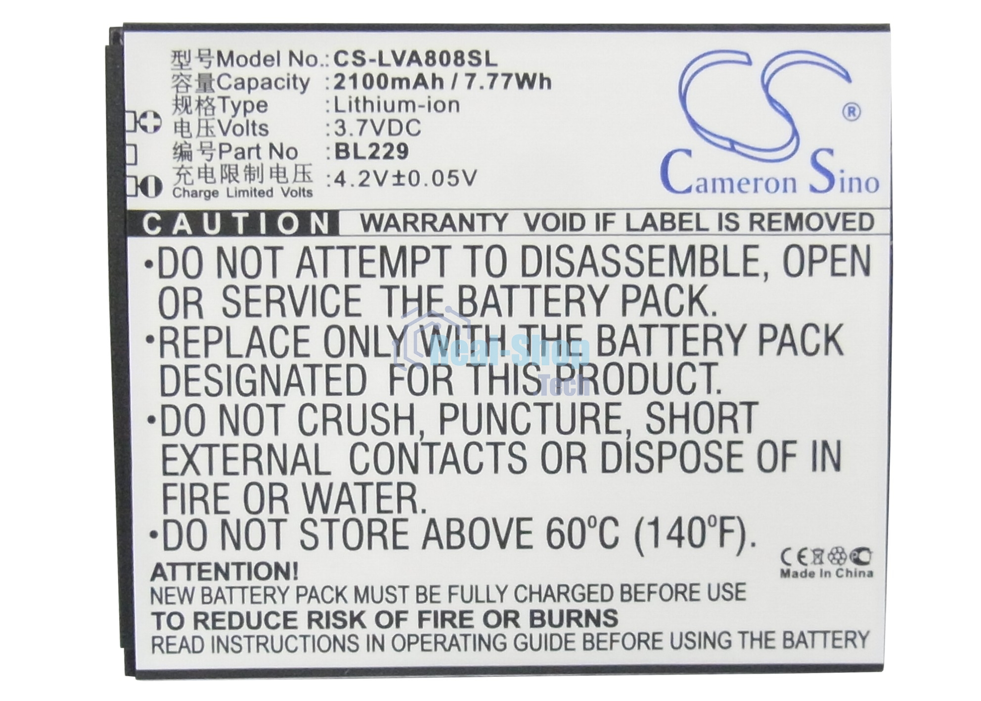 Аккумулятор CameronSino CS-LVA808SL BL229 для Lenovo A806,A806T,A8 3.7V, 2100mAh, 7.77Wh