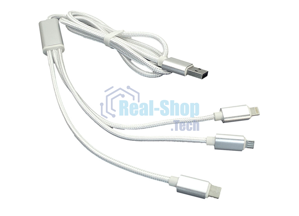 Кабель для зарядки USB (3-в-1) (Apple Lightning 8Pin, USB Type-C, USB-Micro) ШНУРОК. 1m. белый