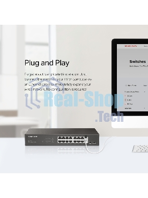 Коммутатор Mercusys MS116GS с 16 гигабитными портами для размещения на столе или в стойке