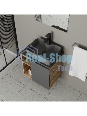 Тумба Bau Dream Blackwood 60 правая, графит, раковина BAU Cerama 48х37 темно-серая матовая, смеситель Hotel Black, черный, выпуск клик клак черный