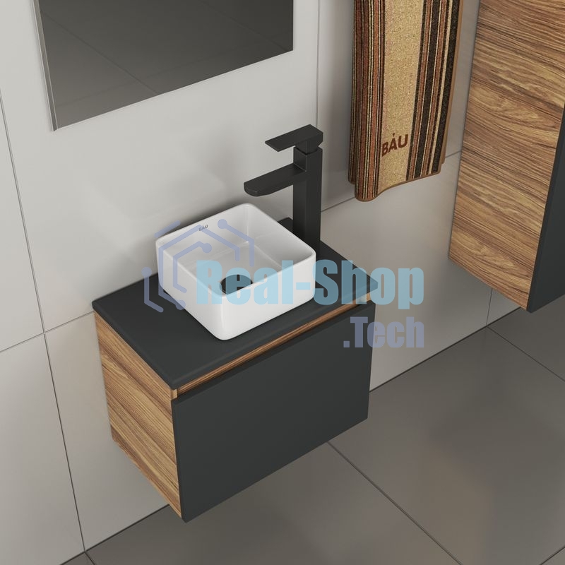 Комплект для ванной, 4 предмета (тумба Bau 50, графит + раковина BAU Hotel mini 24х24 + смеситель Hotel Black, выпуск клик-клак, черный)