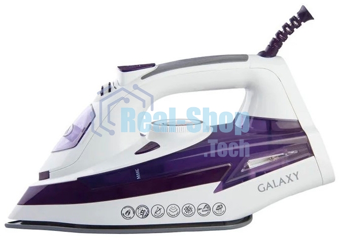 Утюг Galaxy Line GL 6106, белый с фиолетовым, паровой, 2200 Вт, постоянный пар 50 г/мин, паровой удар 180 г/мин, функции: 