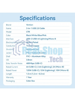 Кабель Vention 3 в 1 USB 2.0 AM/Micro-B, USB-C, Lightning M 1.5м. белый 6A, шт.