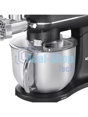 Кухонная машина Korting KKM 0107 MB N, мощность 1500 Вт, 5 насадок, объем чаши 6.5 л, сенсорный дисплей/механическое управление, планетарное вращение, 11 скоростей, турборежим, импульсный режим, таймер, насадка для смешивания/крюк для теста/веничк/мясорубка, черный