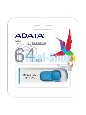Флешка USB ADATA С008 (AC008-64G-RWE), 64Gb, USB 2.0, R/W 15/5, белый/синий