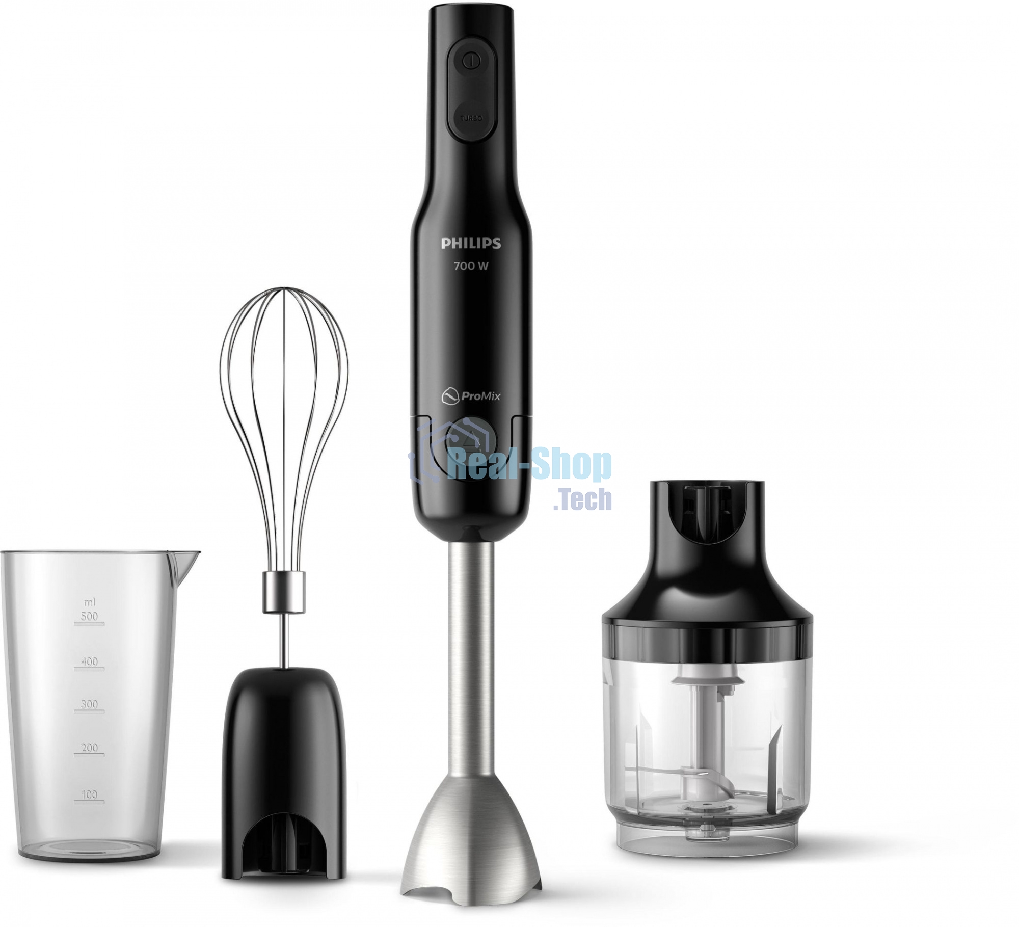 Блендер погружной Philips HR2543/90, 700 Вт, 1 скорость, турбо режим, стакан для взбивания, венчик, измельчитель, черный