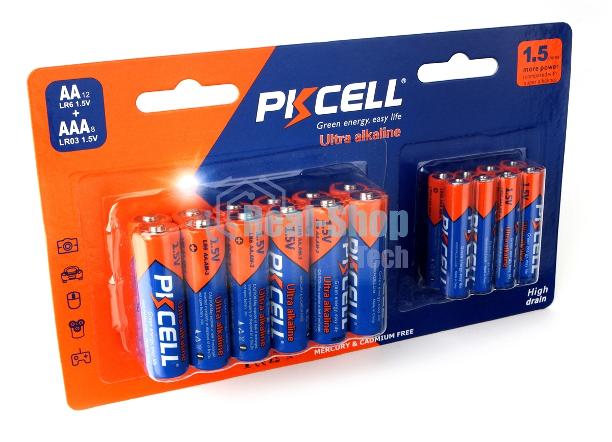 Щелочной/алкалиновый элемент питания PKCELL LR6(12)+LR03(8) тип - AAА 8 шт + АА 12 шт в блистере
