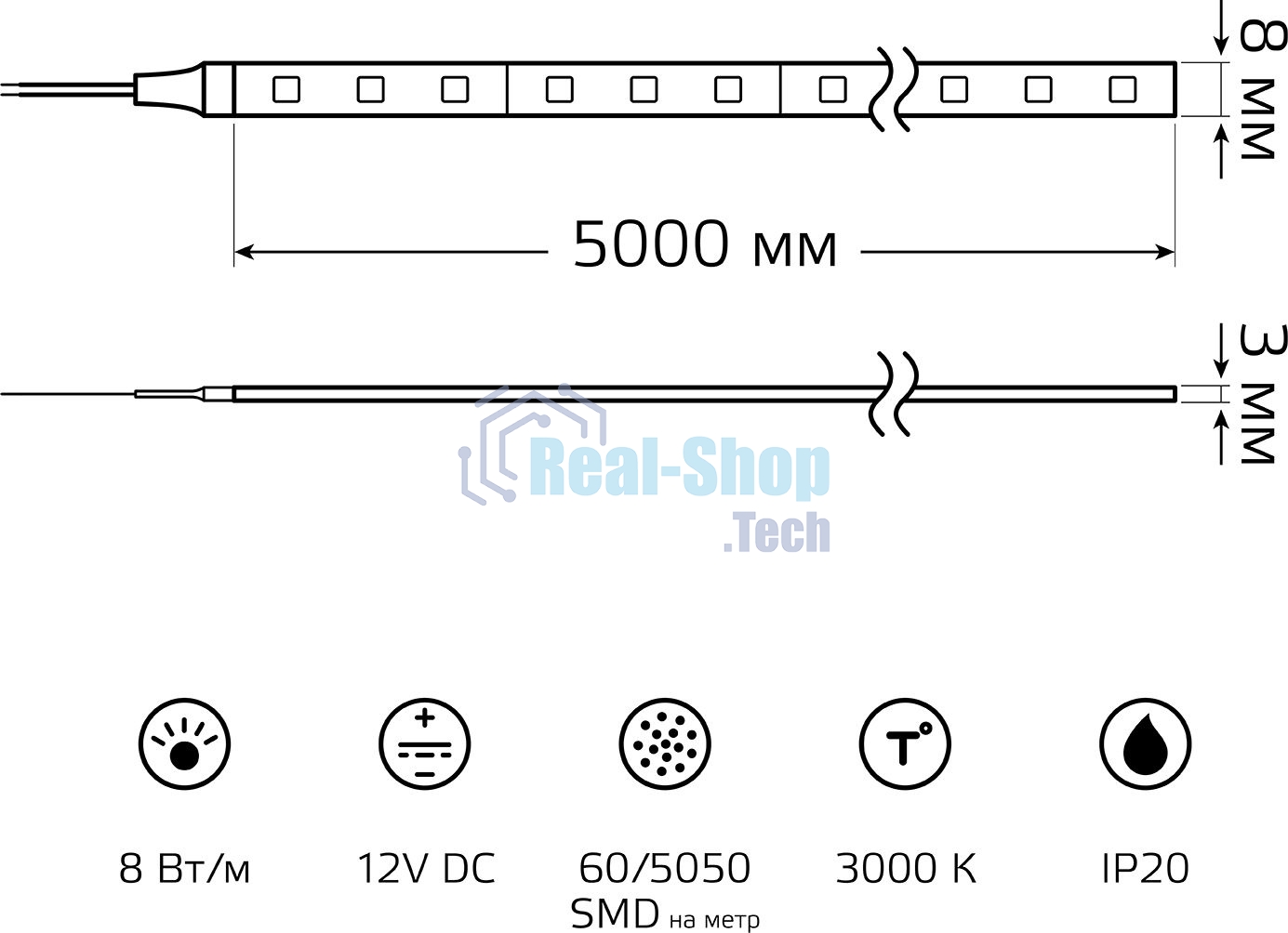 Лента светодиодная Basic Gauss 12V 8W/m 900lm/m 3000K IP20 LED 5m 1/100
