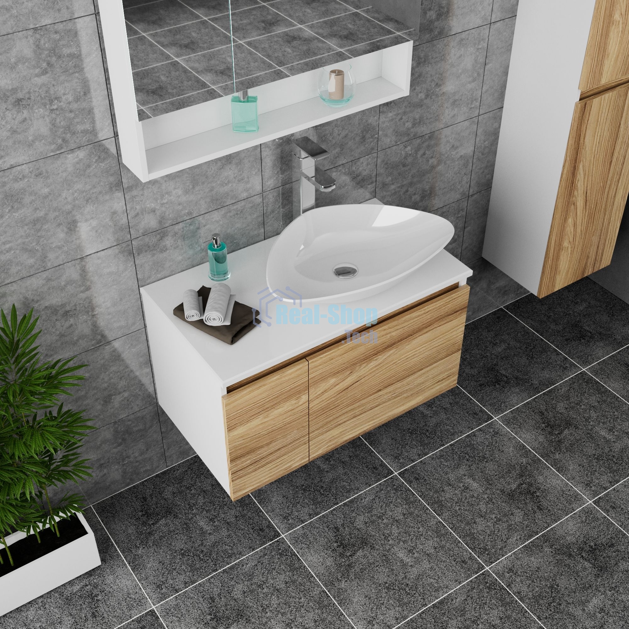 Комплект для ванной, 4 предмета (Тумба Bau Dream Blackwood 80, раковина BAU Triangle 59х39, смеситель для раковины высокий Hotel Still, нержавеющая сталь, выпуск клик клак, хром)