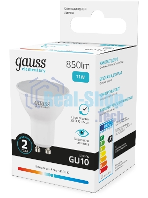 Лампа светодиодная Gauss Elementary 13621 11Вт цок.:GU10 софит 180B св.свеч.бел.нейт. MR16 (упак.:10шт)