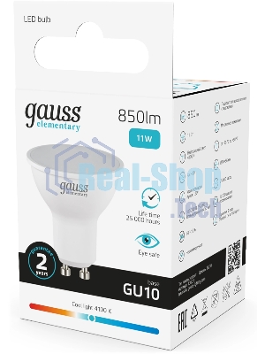 Лампа светодиодная Gauss Elementary 13621 11Вт цок.:GU10 софит 180B св.свеч.бел.нейт. MR16 (упак.:10шт)