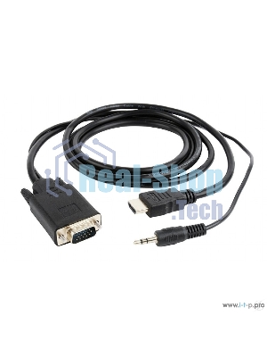 Кабель HDMI->VGA Cablexpert A-HDMI-VGA-03-10M, 19M/15M + 3.5Jack, медь, позол.разъемы, 10м, черный, пакет