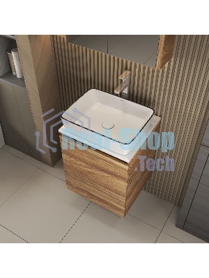 Тумба Bau Dream Blackwood 50 с дверцей, раковина BAU Hotel Black Rand 48х37, смеситель для раковины высокий Hotel Still, нержавеющая сталь, выпуск клик клак, белый