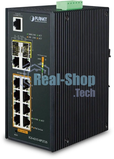 Коммутатор индустриальный PoE IGS-4215-8P2T2S для монтажа в DIN-рейку IP30 Industrial L2/L4 8-Port 10/100/1000T 802.3at PoE + 2-Port 10/100/100T + 2-Port 100/1000X SFP Managed Switch (-40~75 degrees C), dual redundant power input on 48~56VDC terminal block, SNMPv3, 802.1Q VLAN, IGMP Snooping, SSL, SSH, ACL