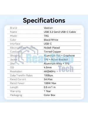 Кабель Vention USB 3.2 Gen2 CM/CM - 1м. черный 5А PD100W, шт.