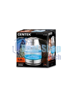 Чайник электрический Centek CT-0059 London, стекло, 1.8л, 2200Вт, LED-подсветка, отделка нерж.