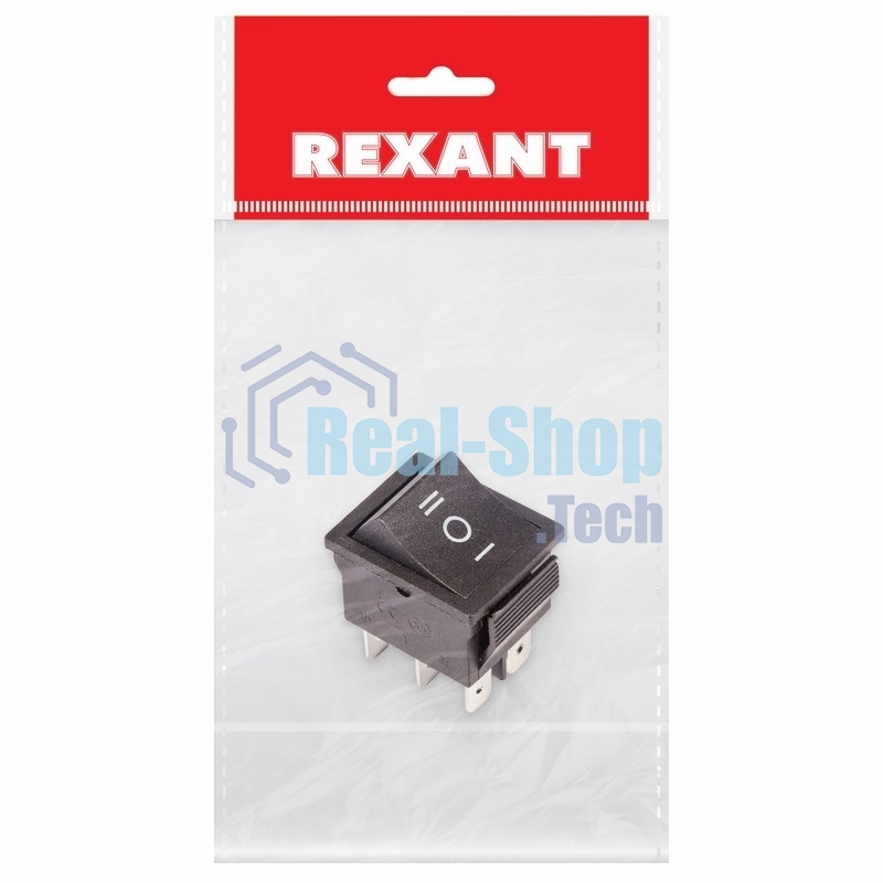 Выключатель клавишный Rexant 250V 15А (6с) ON-OFF-ON черный с нейтралью (RWB-508, SC-767) Индивидуальная упаковка 1 шт