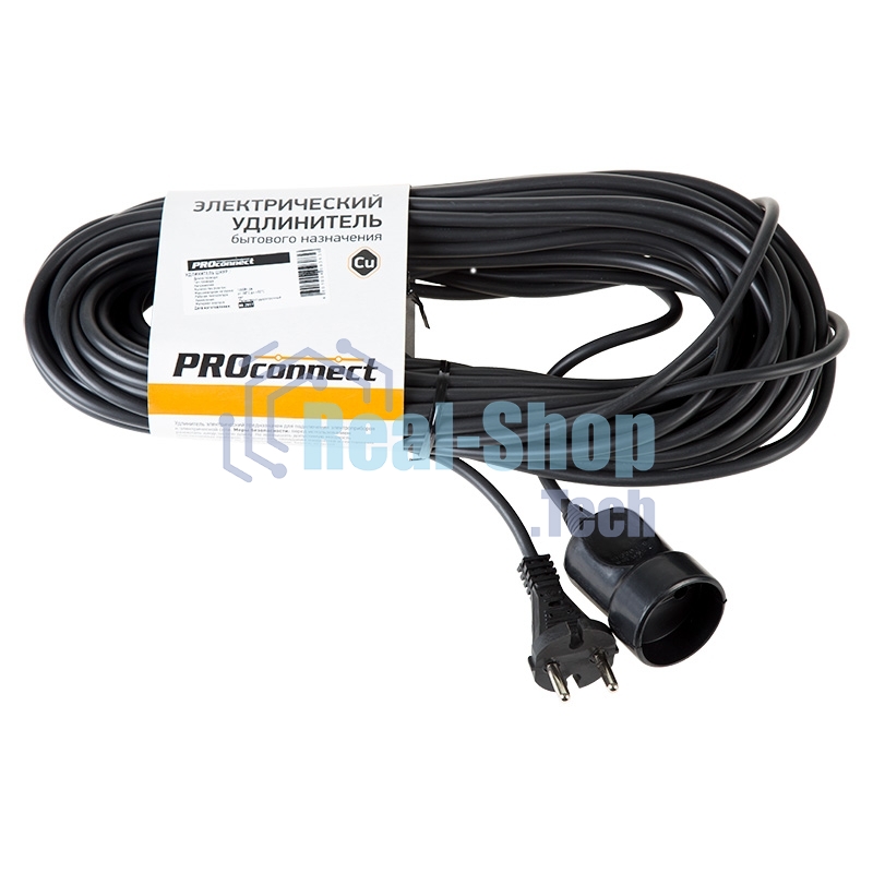 Удлинитель-шнур PROconnect ПВС 2х0.75, 20 м, б/з, 6 А, 1300 Вт, IP20, черный