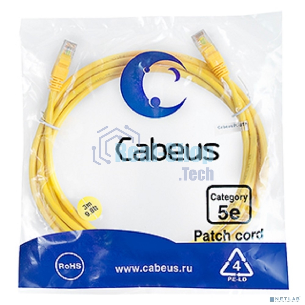 Патч-корд U/UTP, Cabeus PC-UTP-RJ45-Cat.5e-3m-YL-LSZH категория 5е, 2xRJ45/8p8c, неэкранированный, желтый, LSZH, 3м