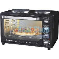 Мини-печь Sakura SA-7001HBK 35л, 3200Вт, духовка 1600Вт, конфорки 185мм+155мм (1000Вт+600Вт), механ.управление, 3 режима работы духовки (верх, низ, верх+низ), раздельная регулировка температуры духовки и конфорок, комплектация - металлическая решетка, противень и ухват. чёрны