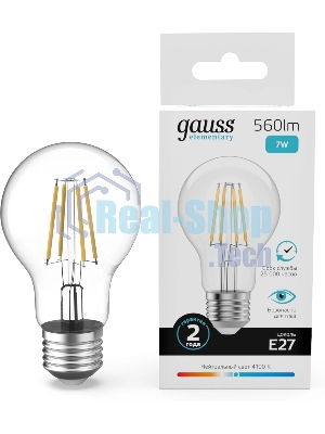 Лампа светодиодная филаментная Gauss Filament 7Вт цок.:E27 груша св.свеч.бел.нейт. (упак.:10шт)