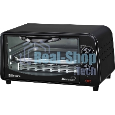Мини печь Sakura SA-7018B черный, 10 л, мощность 1000 Вт, 2 кварц.нагреват.элемента, регулировка температуры 100-250С, 30-минутный таймер со звонком, световой индикатор работы, противень, решетка