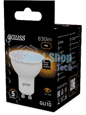 Лампа светодиодная Gauss 101506109 9Вт цок.:GU10 рефлек. 150B св.свеч.бел.теп. MR16 (упак.:10шт)