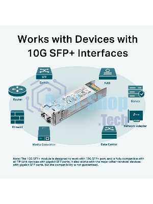 Трансивер TP-Link 10G SFP+ Module, LC connector, 50/125um or 62.5/125um Multi-mode, 850nm wavelength, distance up to 300m.
