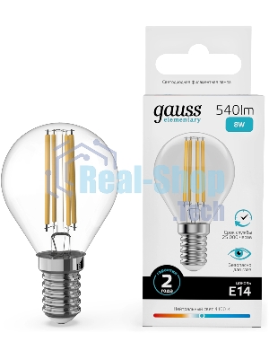 Лампа светодиодная филаментная Gauss Filament 8Вт цок.:E14 шар св.свеч.бел.нейт. (упак.:10шт)