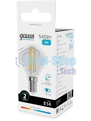 Лампа светодиодная филаментная Gauss Filament 8Вт цок.:E14 шар св.свеч.бел.нейт. (упак.:10шт)