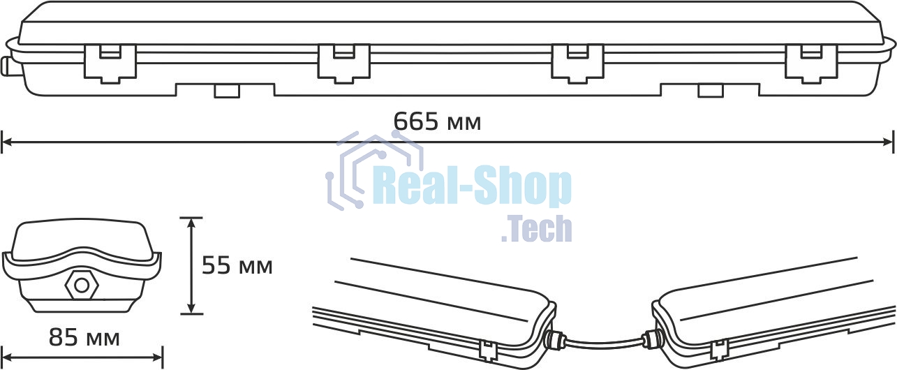 Светильник линейный Gauss СПП-Т8-G13 LITE 220-230V IP65 665x85x55мм для LED ламп 2х600мм 1/16