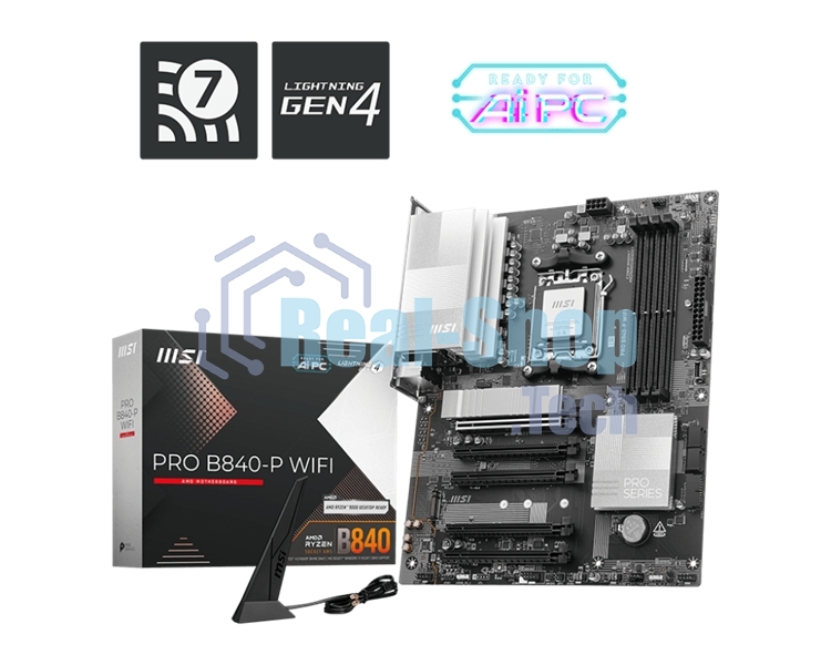 Материнская плата MSI PRO B840-P WIFI, Socket AM5, AMD B840, 4xDDR5, 4xSATA, 2xM.2, 1xPCI-E 4.0 x16, 1xPCI-E 3.0 x4, 3xPCI-E 3.0 x1, 1xHDMI, 1x 2.5Gb LAN, 4xUSB-A 2.0, 2xUSB-A 5Gbps, 1xUSB-C 5Gbps, 1xUSB-A 10Gbps, 1xUSB-C 10Gbps, 3x3.5 мм, 7.1, ATX
