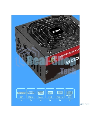 Блок питания CBR ATX 1000W 80+ Gold, Full Modular, DC-DC, APFC, 24pin, 1*PCIE5.1(12+4pin), 2*8-pin(4+4P), 3*6+2pin, 3*SATA, 5*IDE, 14cm fan, 1.5м кабель питания, черный [PSU-ATX1000-14MG] BOX