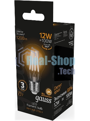 Лампа светодиодная Gauss Filament 102902112 12Вт цок.: E27 груша 185B св. свеч. белый теп. грушевидная (упак.: 10 шт)