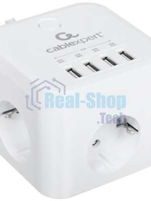 Сетевой фильтр Cablexpert Cube CUBE-3-U4-W-1.5, 3 р, 10А, 4хUSB, 1.5 м, ур.защиты 4+, белый, коробка
